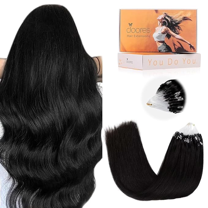 DOORES Microlink Hair Extensions Human Hair, Jet Black 22 Inch 50g/50s, Long Straight Micro Ring Extensions