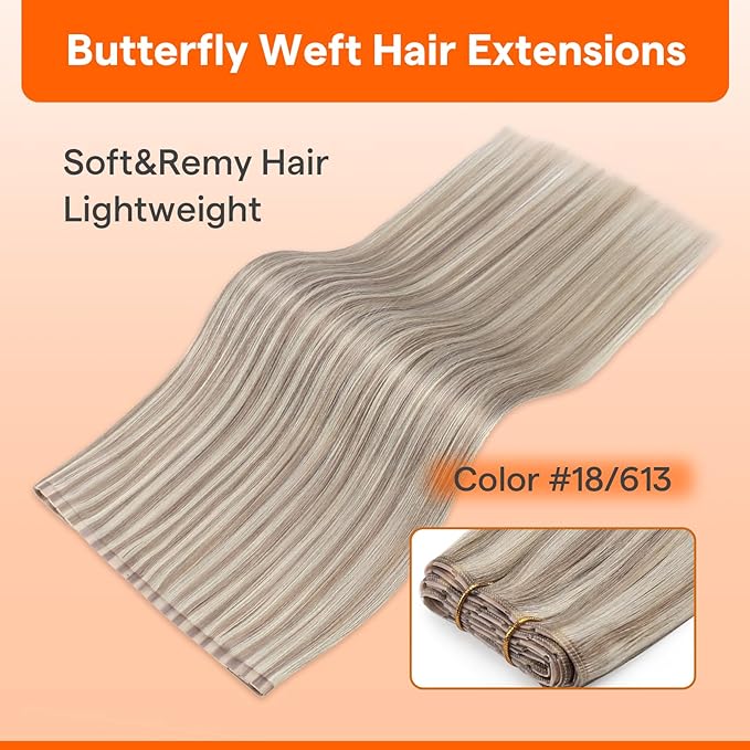 Full Shine Butterfly Weft Hair Extensions Human Hair Color P18/613 Ash Blonde Highlight Bleach Blonde Double Side Genius Weft Extensions Pu Hle Weft For Women 100 Grams 18 Inch