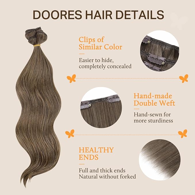 DOORES Clip in Human Hair Extensions, Light Ash Brown 150g 9pcs 20 Inch, Clip in Hair Extensions Real Human Hair Real Natural Weft for Women Thick Silky Straight Weft