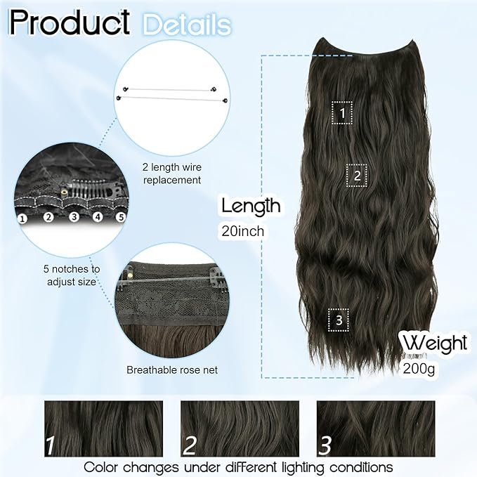 Dark Brown Invisible Wire Hair Extensions Long Wavy Synthetic Hairpiece with 4 Secure Clips for Women 20 Inch Clip in Hair Extensions