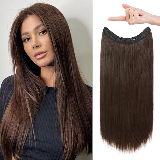 REECHO Invisible Wire Hair Extensions with Transparent Headband Adjustable Size Removable Secure Clips in Straight Secret Hairpiece for Women (14 Inch (Pack of 1), Dark Brown with Copper Highlights)