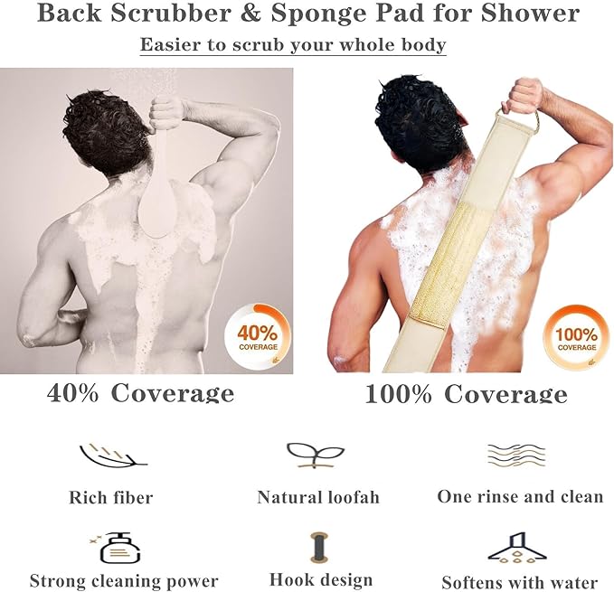Exfoliating Natural Loofah Sponge Back Scrubber for Shower, 5 Pack Loofah Sponge Pads & Exfoliating Glove, Bath Shower Scrubber for Men and Women