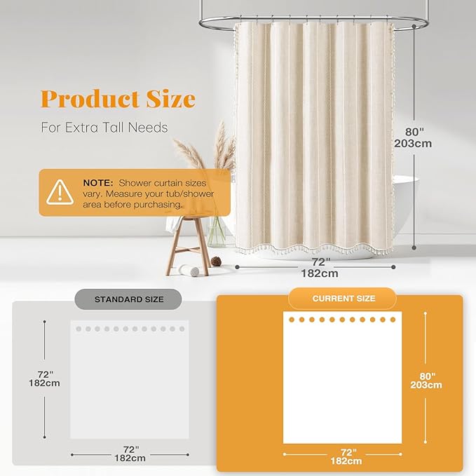 BTTN 80 Inch Long Shower Curtain - 72x80 Boho Farmhouse Linen Thick Striped Fabric Shower Curtain Set with Plastic Hooks, Tall Rustic Country Luxury Cloth Shower Curtains for Bathroom - Cream/Beige