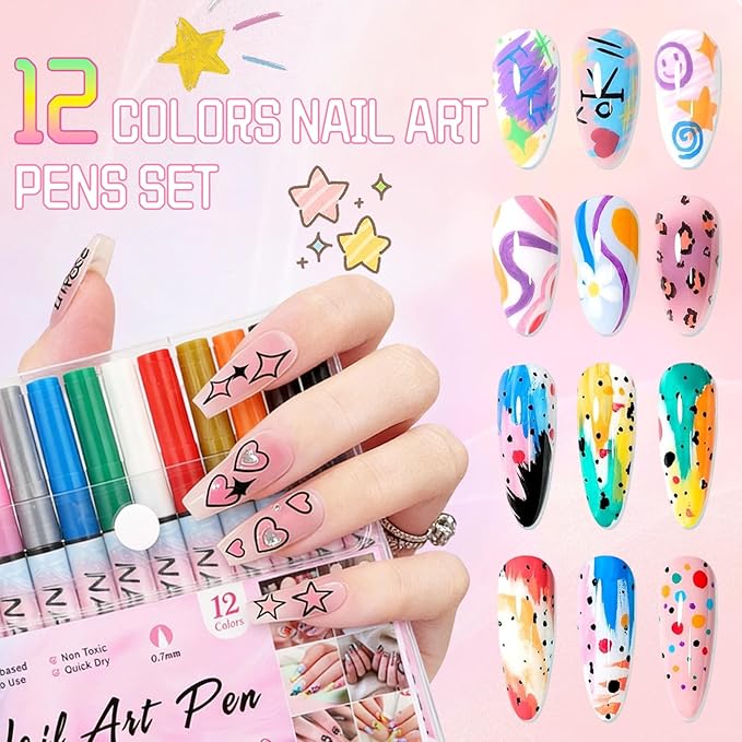 12 Colors Nail Art Pens Set,2026 Upgraded Nail Art Markers for Gel Nails,Quick Dry Long Lasting Nail Polish Pen,DIY 3D Drawing Dotting Painting Nails Liner Brush for Dotting Painting Home Use(B)