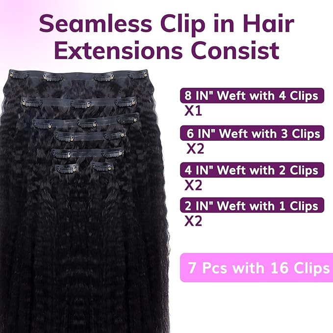 IDN BEAUTY Seamless Clip In Hair Extensions Human Hair, Kinky Straight 14 Inch 110g 7pcs Natural Black Remy Virgin Human Hair Seamless Clip Ins For Black Women PU Weft Invisible Edge