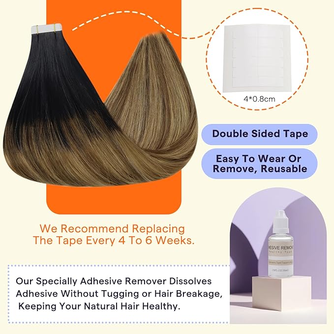 Full Shine Hair Extensions Real Human Hair Tape in Color 1B Off Black Fading to 6 and 27 Honey Blonde Straight Seamless Skin Weft Remy Tape in Extensions Human Hair 14 Inch 20PCS 50g Add Volume