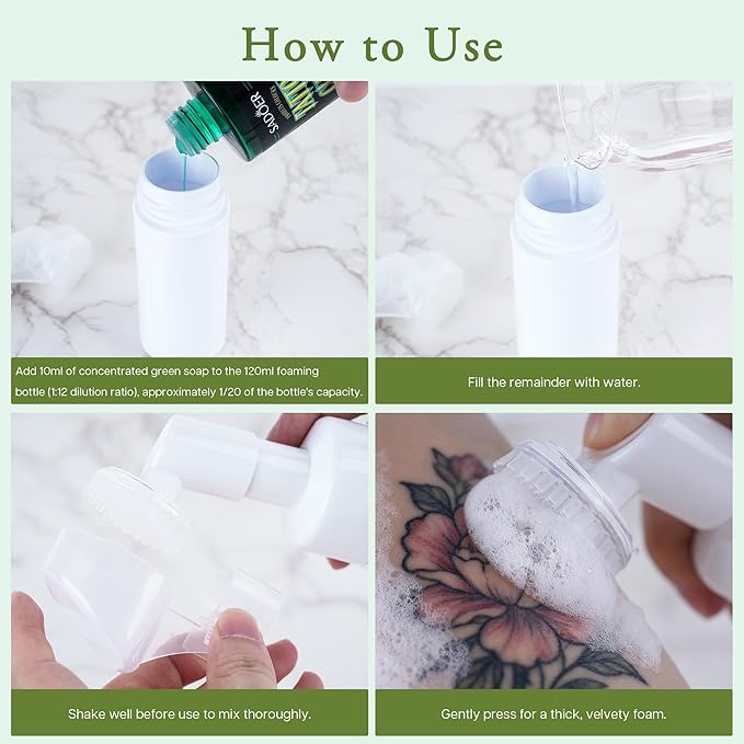 Ultra-Concentrated Tattoo Green Soap 10oz with Foaming Bottle 120ml, Clean Skin Equipment,1:10 Dilution Tattoo Soap Supplies for Tattoos Piercings