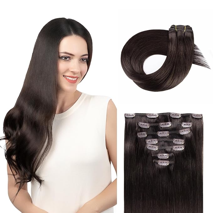 Clip in Hair Extensions Real Human Hair, Remy Human Hair Clip in Extensions for Long Hair, Dark Brown Straight Hair Extensions Add Volum add Length #2 22Inch 120G 7PCS