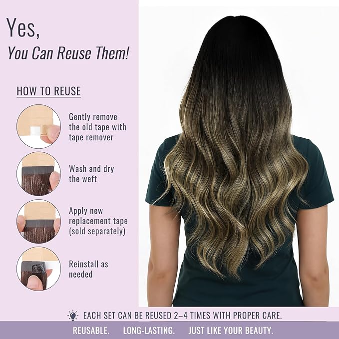 Fshine Tape in Human Hair Extensions Balayage Off Black Fading to Caramel Brown and 16 Inch 50g Ombre Remy Fow Women, Great for Stage Performance 20 Pcs