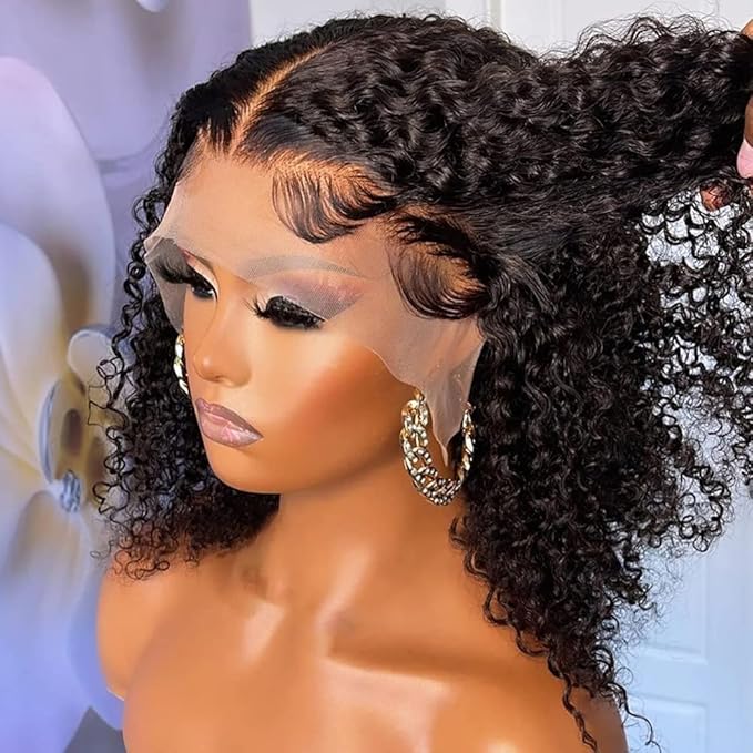 Curly Bob Wig Human Hair 12 Inch Glueless 13x4 Lace Front Wigs Pre Plucked for Black Women 150% Density Mongolian HD Kinky Curly Bob Lace Frontal Wigs Wet and Wave