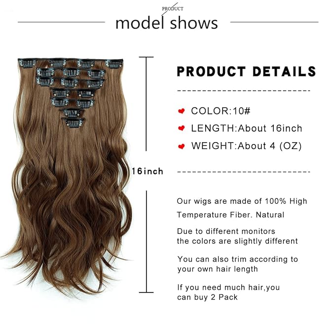 Clip in Hair Extensions - 16 Inch 7 Pcs Chocolate Brown Hair Extension Synthetic Fiber for Women Natural Wavy Extensions Synthetic Full Head