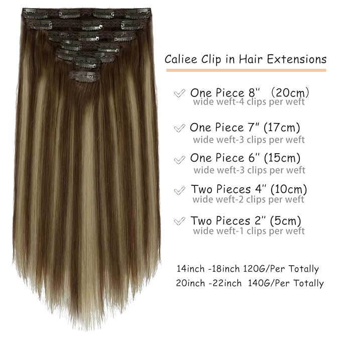 Caliee 14 Inch Clip in Hair Extensions Real Human Hair 7 PCS R4A-4A/26 Balayage Chocolate Brown to Honey Blonde Daily Use 120 G Long Straight Hair Extension Clip in for Women Soft