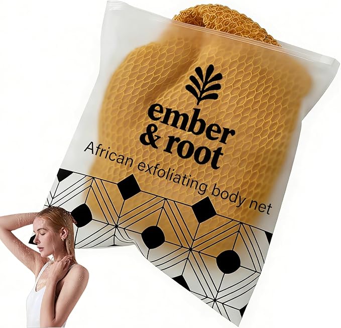African Exfoliating Body Net Sponge, Ember and Root African Net Sponge, Exfoliating Towel, Gentle Exfoliation, Exfoliating Washcloth Face & Body Scrub Towel for All Skin Types (Brown)