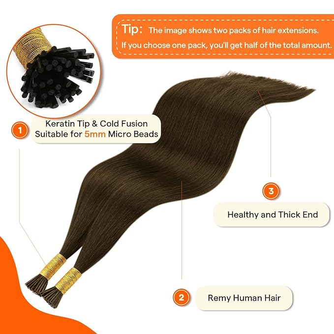 Full Shine I Tip Hair Extensions Human Hair 20 Inch Soft Straight Long Hair Pre Bonded Extensions Color 4 Brown Itip Human Hair Extensions Real Remy Hair for Women 40 Grams