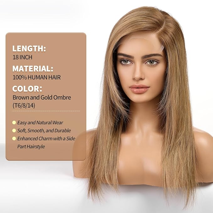 KKU 18 Inch Brown and Gold Ombre Human Hair Wigs for Women,Layered Straight Hair Wig with Bangs,Wear Natural Realism