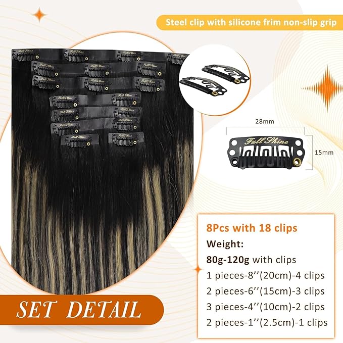 Full Shine Seamless Human Hair Clip in Extensions Black Hair Extensions Clip in Ombre Natural Black to Medium Brown and Blonde for Short Hair 12 Inch 80 G 8 PCS