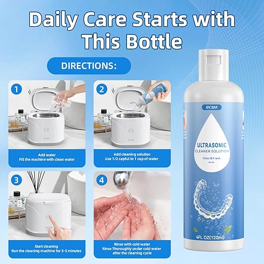 BCOM Retainer Cleaner Solution, Ultrasonic Jewelry Cleaner Solution Deep Clean for Retainer, Mouthguards, Night Guards, Aligners and Jewelry Ring, Odor Stain Remover for Ultrasonic Machines (4 oz)