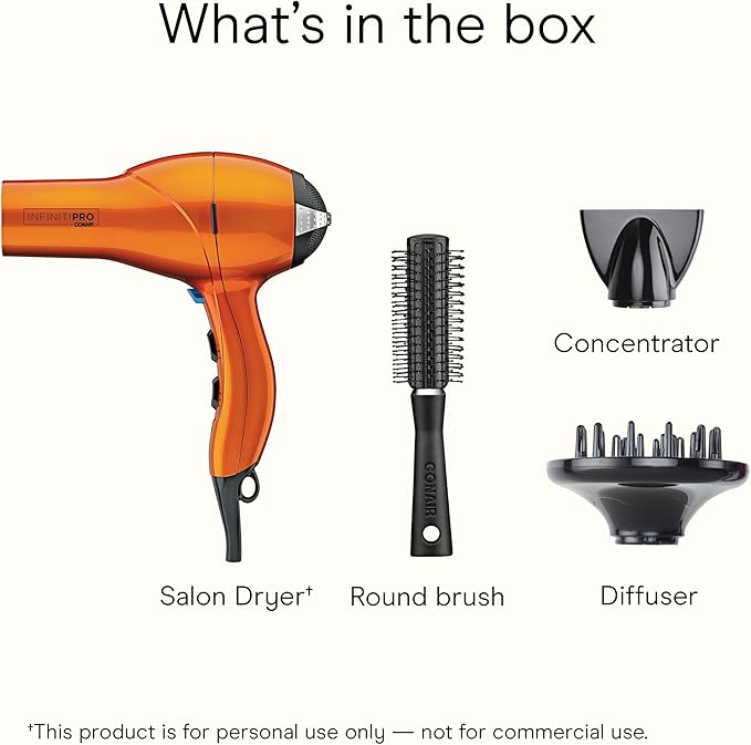 Infiniti PRO CONAIR Hair Dryer with Diffuser, Professional AC Motor, Tourmaline Ceramic Technology Blow Dryer, Includes Concentrator and Blowout Brush, Amazon Exclusive, Orange (Pack of 4)
