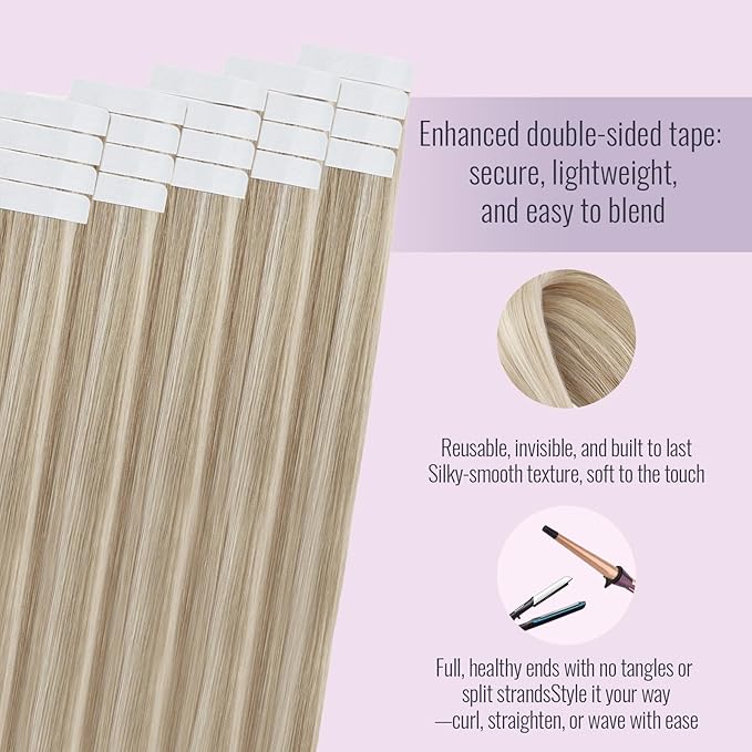 Fshine Human Hair Tape Extensions 14 Inch Ash Blonde Mixed with Bleach Blonde Remy Hair Skin Weft Tape in Extensions 20 pcs Blonde Highlighted 50 g, Designed to Boost Volume & Length