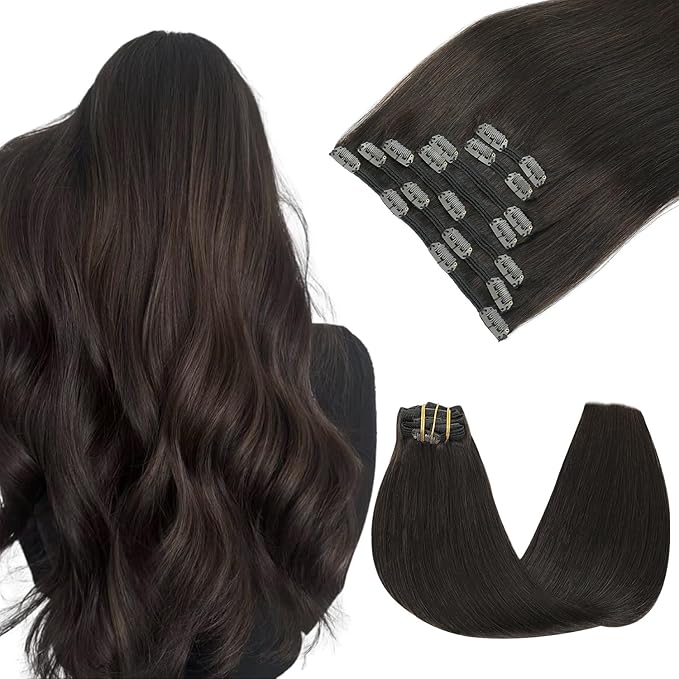 Clip In Hair Extensions Real Human Hair, Dark Brown Hair Straight Clip In Extensions 18inch 160g 7pcs Real Hair Extensions for Women(#2-18inch)