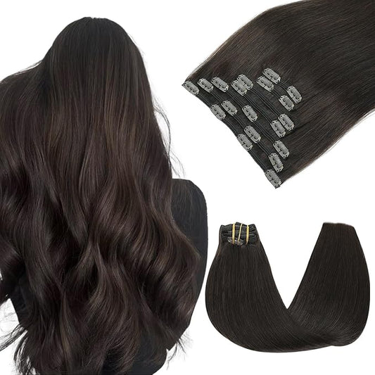 Hair Clip in Hair Extensions Real Human Hair, Straight Human Hair Extensions Clip ins Dark Brown Extensions for Women 20inch 160g 7pcs (#2-20inch)