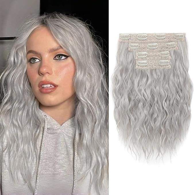 REECHO Clip in Hair Extensions - 4PCS 12" Short Curly Wavy Hairpieces - Invisible Lace Weft - Natural Soft - Silver Grey