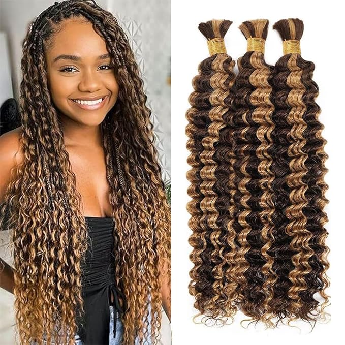Ombre Human Braiding Hair for Boho Braids 14 inch P427 Deep Curly Boho Hair for Braiding Knotless 10A Deep Wave Bulk Bohemian 3 Bundles