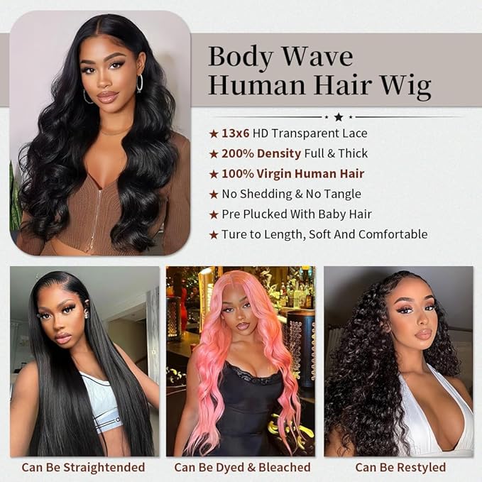 24 Inch 13x6 Lace Front Wigs Human Hair 200% Density Body Wave HD Lace Front Wigs Human Hair Pre Plucked Natural Color Glueless Wig 100% Virgin Lace Front Wigs for Women