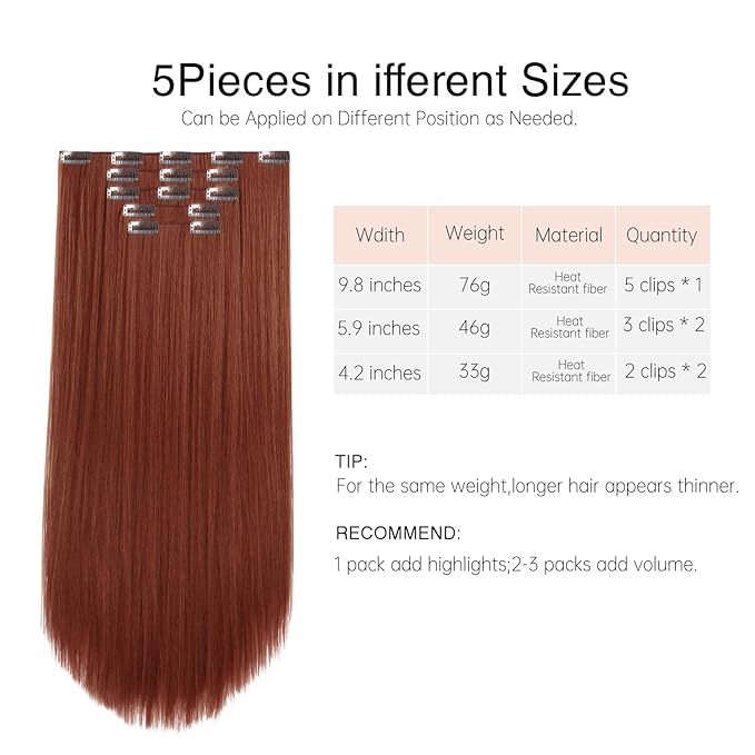 Hair Extension Clips Straight Invisible 26 Inch Long Thick Synthetic Clip in Extensions 5PCS Soft and Beautiful Copper Red Hairpieces Heat Resistant for Women Weddings Party Daily Use 8.1 Oz