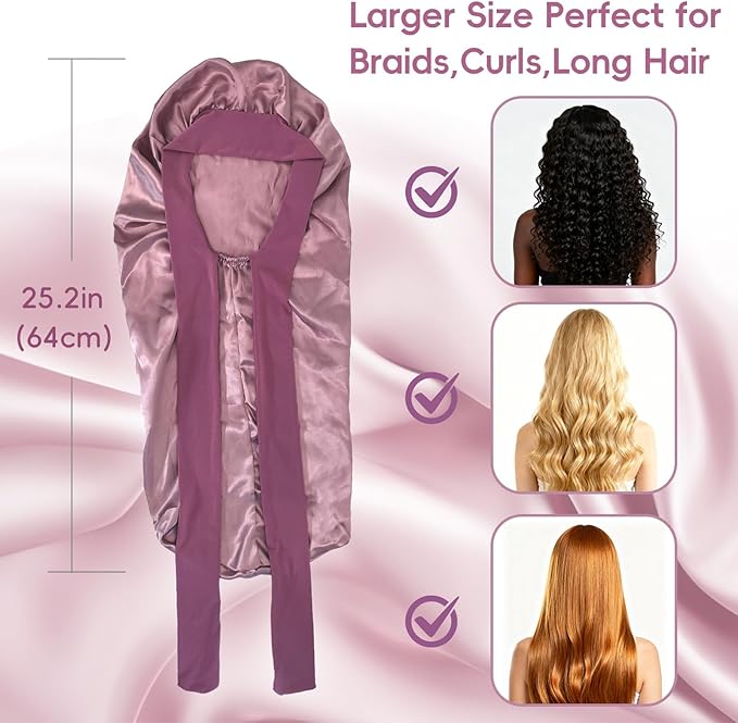 22 Momme 100% Mulberry Silk Bonnet for Sleeping Women, Satin Bonnet Wrap with Soft Tie Elastic Band, Non-Slip Hair Care Bonnet for Long Curly Hair Protection