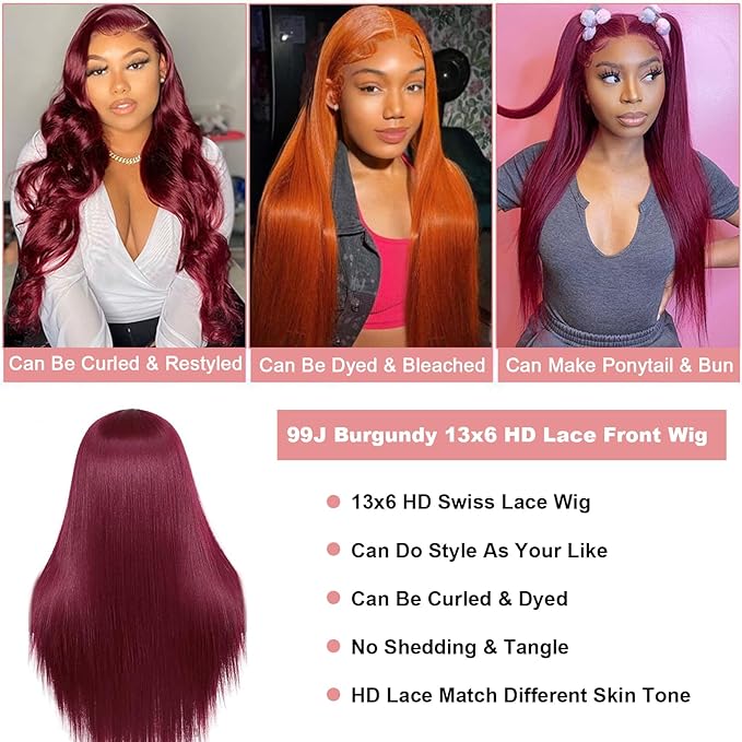 LICHANG 13x6 99J Straight Lace Front Wigs Human Hair Pre Plucked with Baby Hair for Black Women Glueless 30 Inch