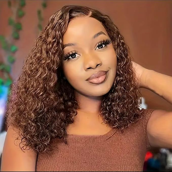 14 Inch 13x4 Chocolate Brown Lace Front Wigs Human Hair HD 4# Colored Kinky Curly Bob Dark Brown Wig Human Hair Pre Plucked for Black Women 180% Density