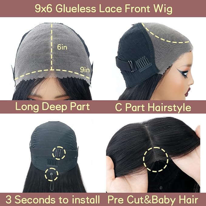 Glueless Wigs Human Hair Pre Plucked Pre Cut 9x6 Straight Lace Front Wigs 250 Density Invisi Drawstring Wigs 12A Brazilian Virgin Human Hair Wigs Ready to Wear Wig 20 Inch