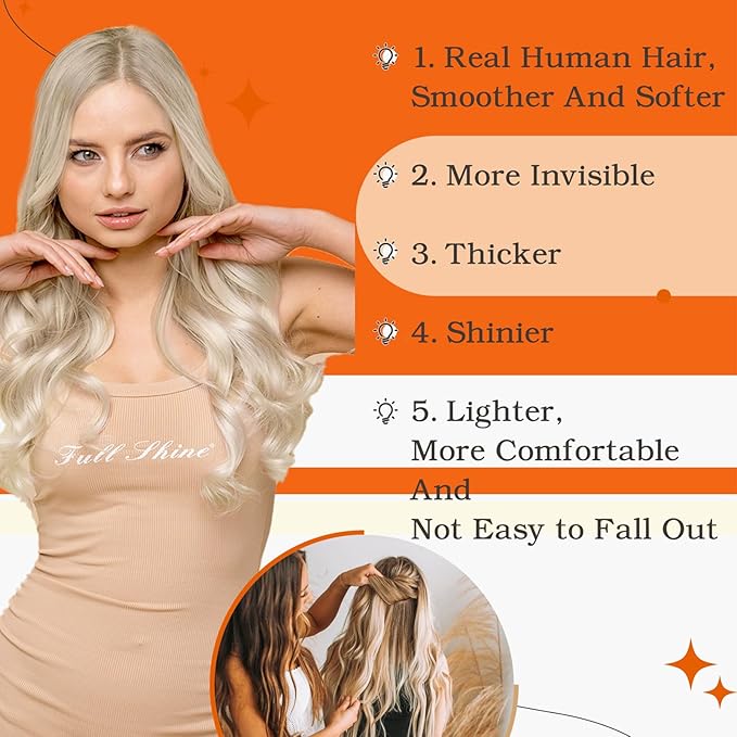 Full Shine Tape in Brazilian Human Hair Blonde Tape Hair Extensions 14Inch Skin Weft Hair Extensions Real Human Hair Color 60 Platinum Blonde Remy Seamless Human Hair Extension 50G 20Pcs for Wedding