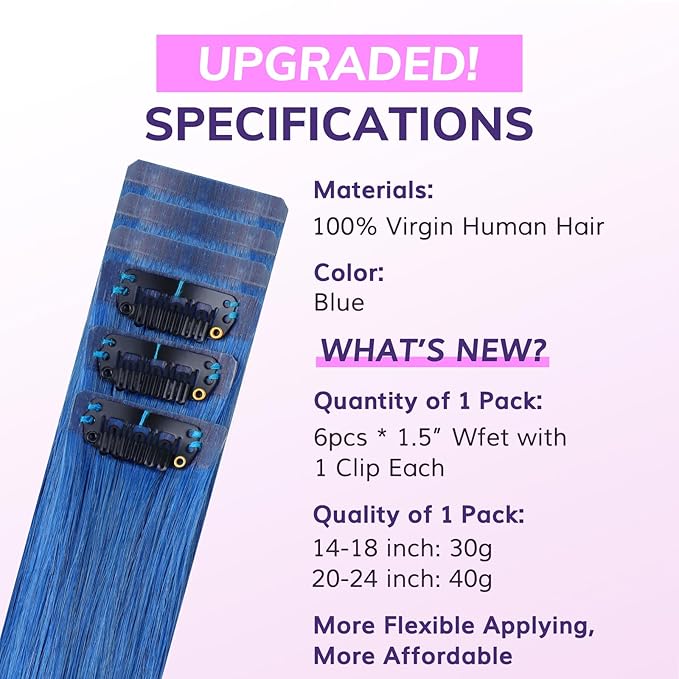IDN BEAUTY Seamless Clip In Hair Extensions Real Human Hair, 24 Inch 40g 6Pcs Blue Straight Seamless Clip Ins For Black Women Colored Hair Extensions PU Weft Invisible Edge