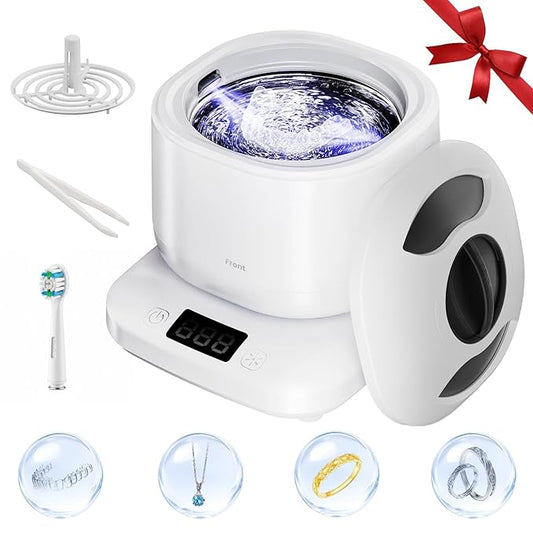 Ultrasonic Jewelry Cleaner Machine with U-V Light, Detachable Retainer Cleaner for Jewelry, Retainers, Dentures, 42kHz Ultrasonic Cleaner with 3 Modes, Waterproof, for family, White