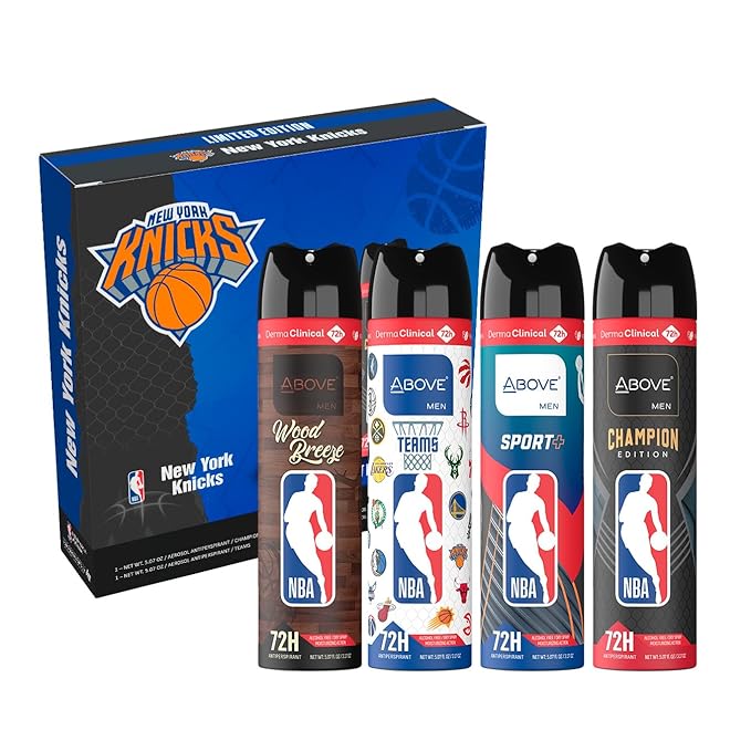 Above NBA – New York Knicks Deodorant Gift Set – A Giftable Set for Knicks Fans – Antiperspirant Spray, 4 Signature Scents, 72h Protection, Dry Spray, No Stains – 5.07 oz, Pack of 4