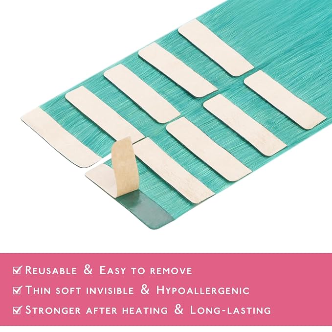 WENNALIFE Tape in Hair Extensions Human Hair Teal Green Tape in Extensions, 10pcs 30g 24 inch Remy Invisible Tape Ins Straight Colored Soft Real Human Hair Tape in Extensions Refill Set Extensions