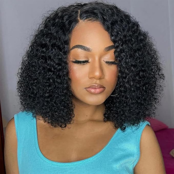 ISEE Hair M Cap 9x6 Bob Wig Human Hair Glueless Wigs Pre Plucked Pre Cut HD Lace Front Glueless Wigs Human Hair 180% Density Short Kinky Curly Bob Wigs for Black Women 14 inch