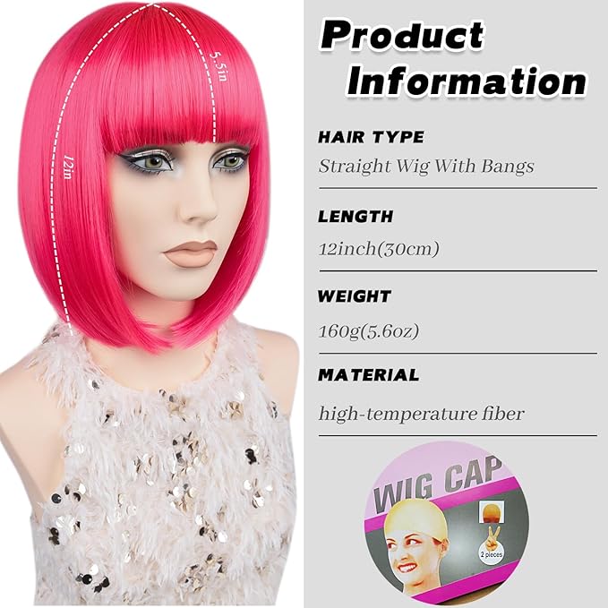 MAYSA Hot Pink Bob Wig with Bangs for Women Short Straight Bob Wigs 12in Synthetic Cosplay Halloween Party Neon Wigs # Hot Pink