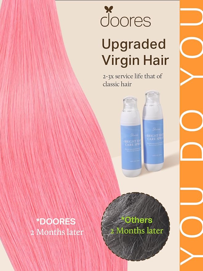 DOORES Human Hair Extensions Tape in, Peach Pink Tape ins 16 Inch 25g 10pcs, Tape in Hair Extensions Natural Remy Hair Extensions Straight Hair for Women