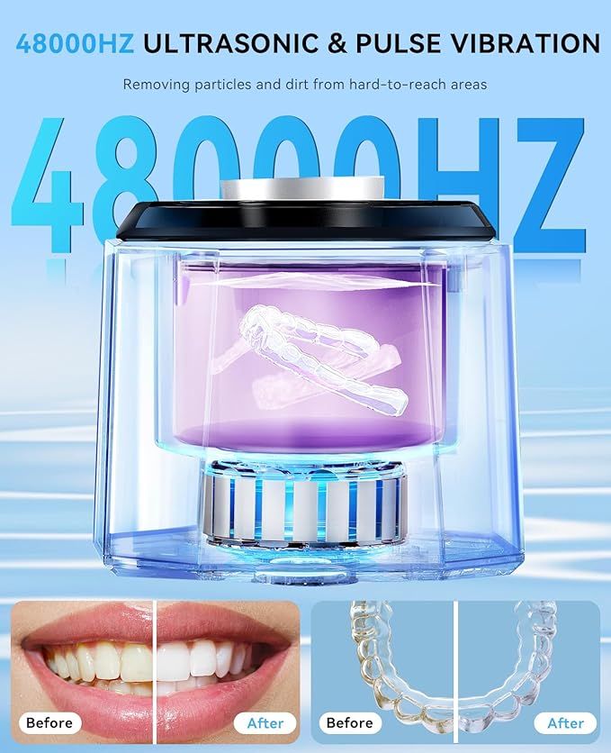 SUNPOW Ultrasonic Retainer Cleaner - 48kHz Retainer Cleaner Machine with 5 UV Lights for Dentures，Night Guards, Mouth Guards- 220ML Dental Cleaning Pod Upgrade Design