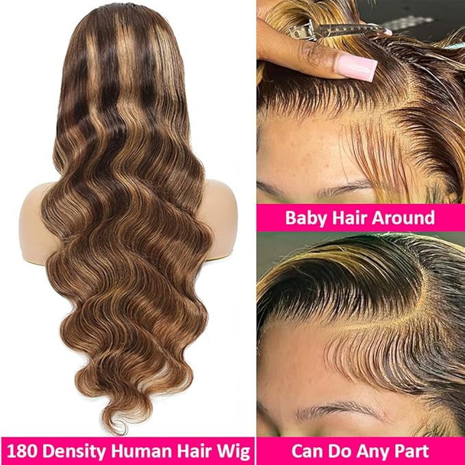 Pizazz Highlight 13x4 HD Transparent Lace Front Wigs Human Hair with Baby Hair 180 Density Glueless Wigs Human Hair Pre Plucked 4/27 Colored Honey Blonde Body Wave Frontal Wigs 22 Inch