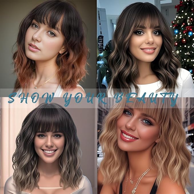 WAVE&BREEZE Short Blonde Wigs with Bangs 14Inch Ombre Blonde Highlights Curly Bob Wig for Women Shoulder Length Natural Looking Hair Replacement Wig for Daily Party Use Cosplay Costume Halloween Wig