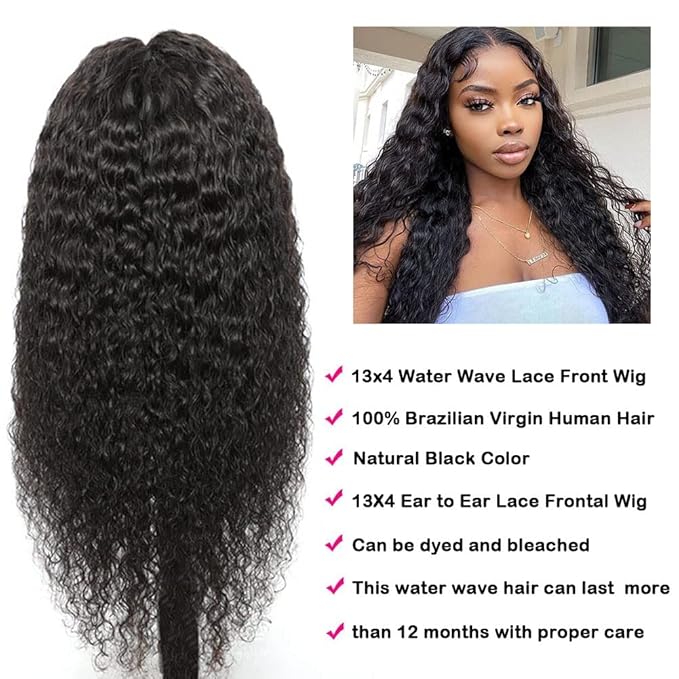 Lace Front Wigs Human Hair Water Wave 13x4 Lace Frontal Wigs for Women Wet and Wavy Lace Front Wigs Deep Wave Human Hair Wigs Pre Plucked Natural Black Color 180 Density 28 Inch
