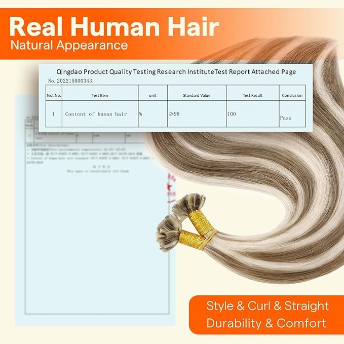 Full Shine U Tip Hair Extensions Real Human Hair 22 Inch Keratin Tip Hair Extensions Brown with Blonde Highlighted Fusion Extensions 50 Grams Natural Human Hair
