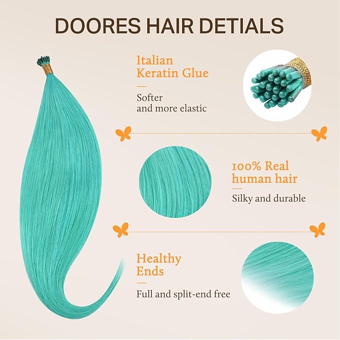 DOORES Itip Hair Extensions, Teal Green 14 Inch 25g, Teal Color Extensions, Remy Hair Extensions