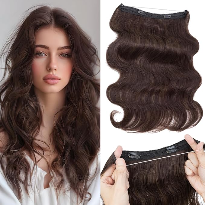 Halo Hair Extensions Real Human Hair,Halo Hair Extension 100% Human Hair,Wire Hair Extensions,Wavy 02 Dark Brown 22 inch/75g