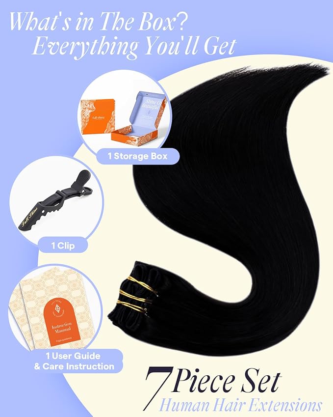 Full Shine Black Hair Extensions Clip in 24 Inch 220 G Clip ins Real Human Hair Black Women for Full Head 7 Pcs