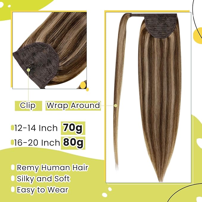 RUNATURE Ponytail Extension Real Human Hair, 12 Inch 70g Short Human Hair Ponytail, Soft Remy Real Hairpiece for Women, Can Be Styled, Easy to Install, #3P12 Brown Highlight Honey Blonde